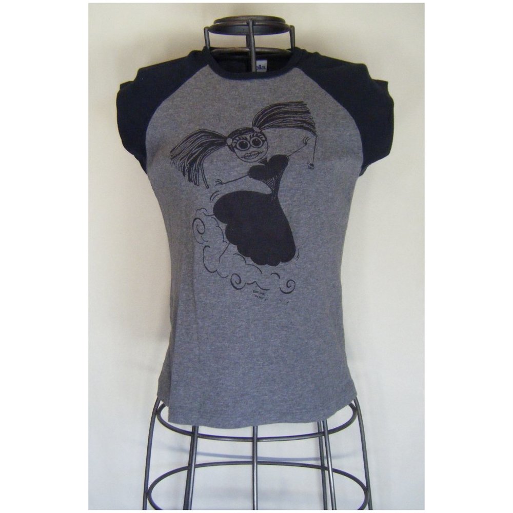 Rag Doll Girl Ladies Tee Shirt Black Grey Jersey Size Small Cap Sleeve